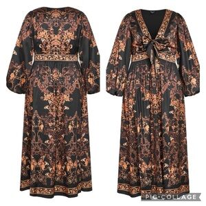 🎀 NEW CITY CHIC Ivanna Print V neck satin  Maxi Dress - gold 14 xs